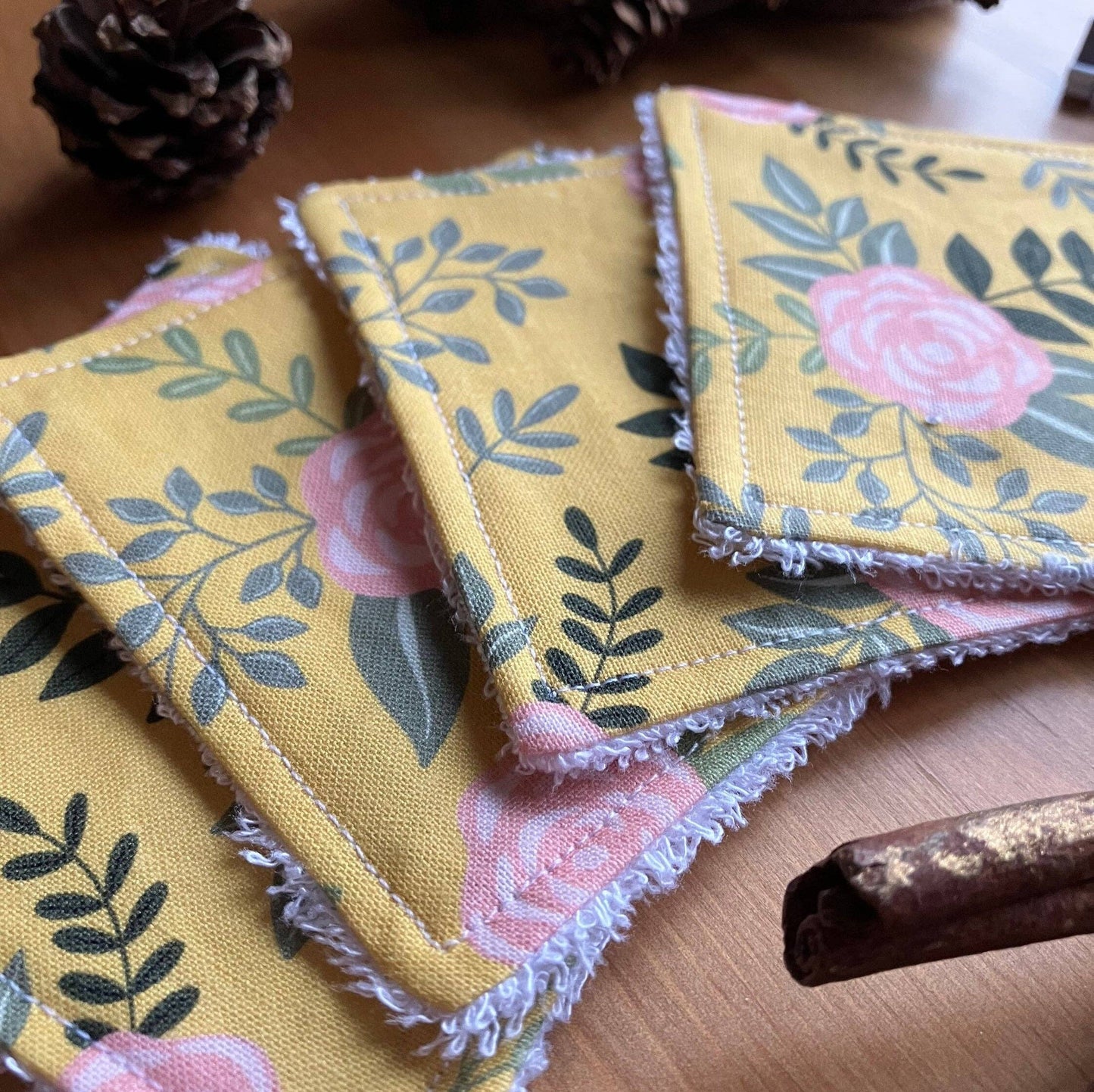 Reusable Face Wipes, Yellow Floral Patterned Square Handmade