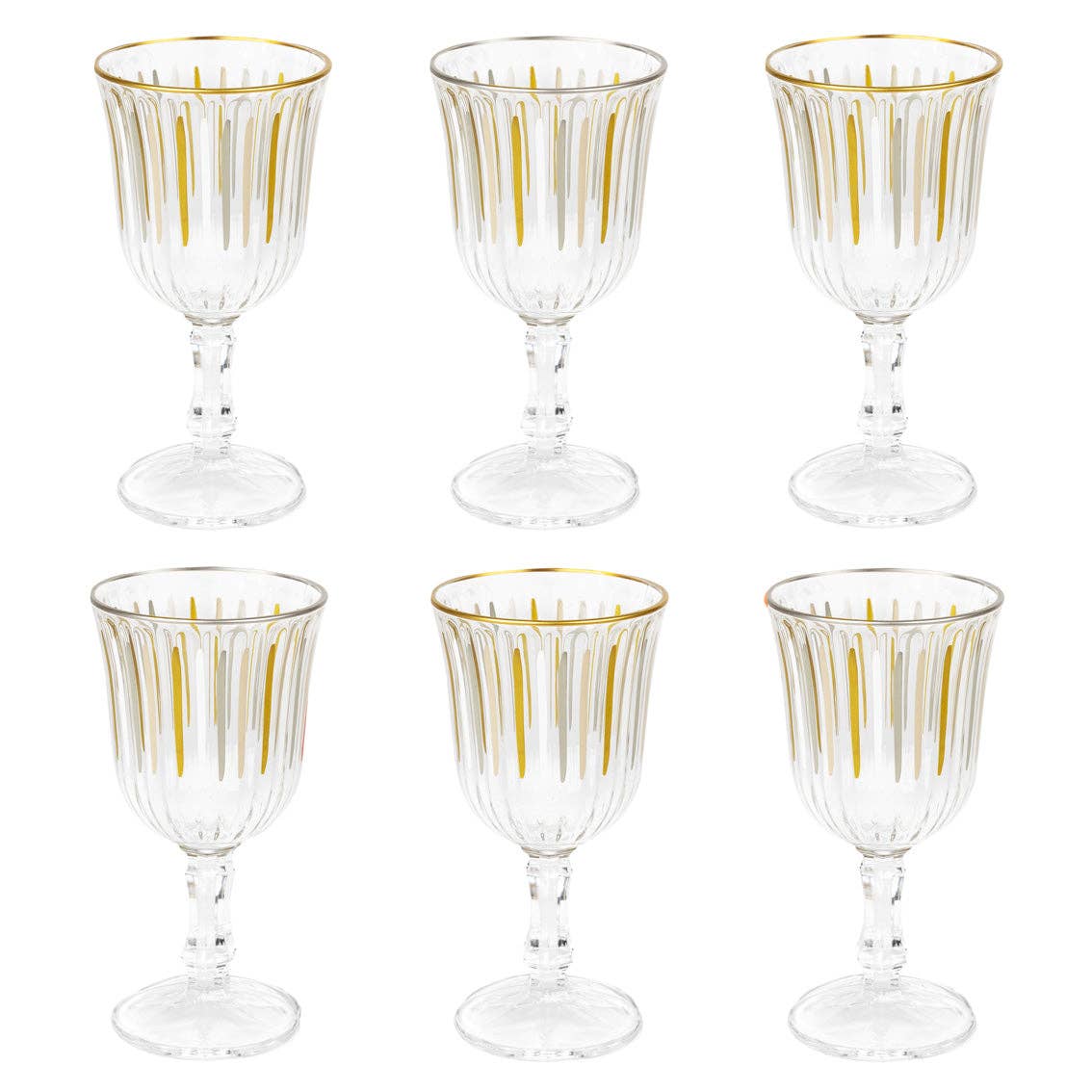 Golden Toasts” – Set of 6 White & Gold Stripe Wine Glasses