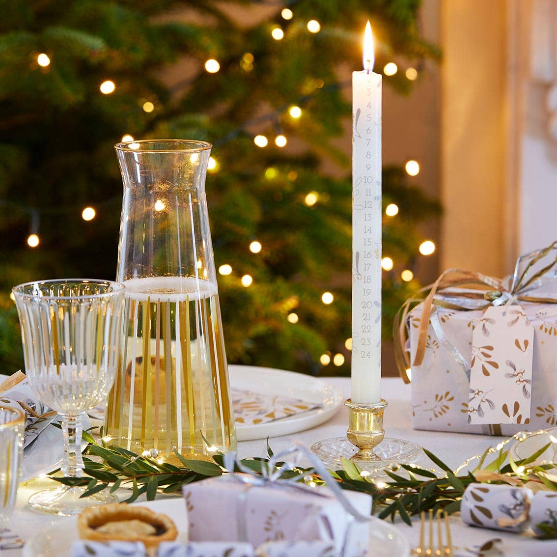 “Golden Pour” – White & Gold Stripe Glass Carafe