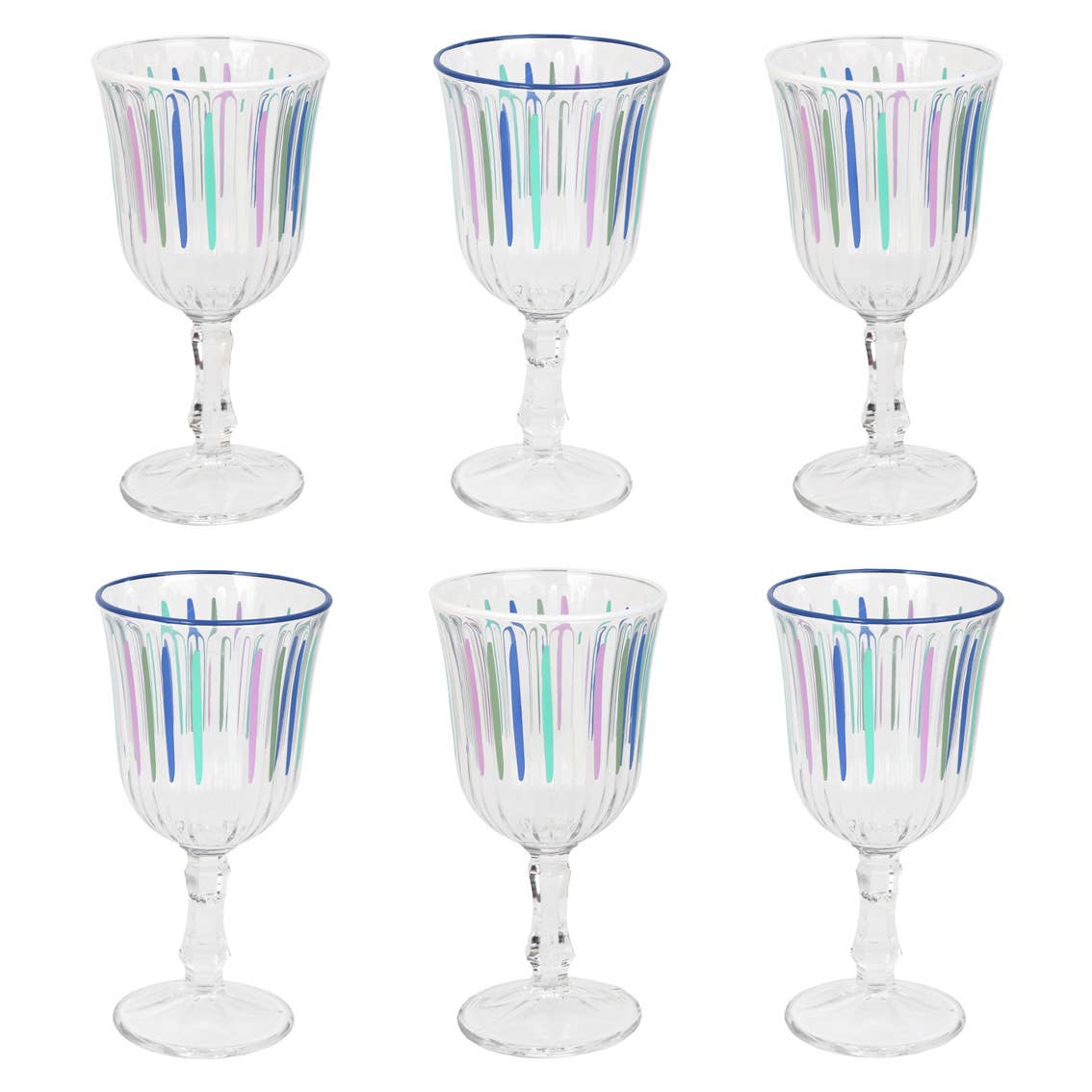 “Coastal Cheers” – Set of 6 Blue & Multicolour Stripe Wine Glasses