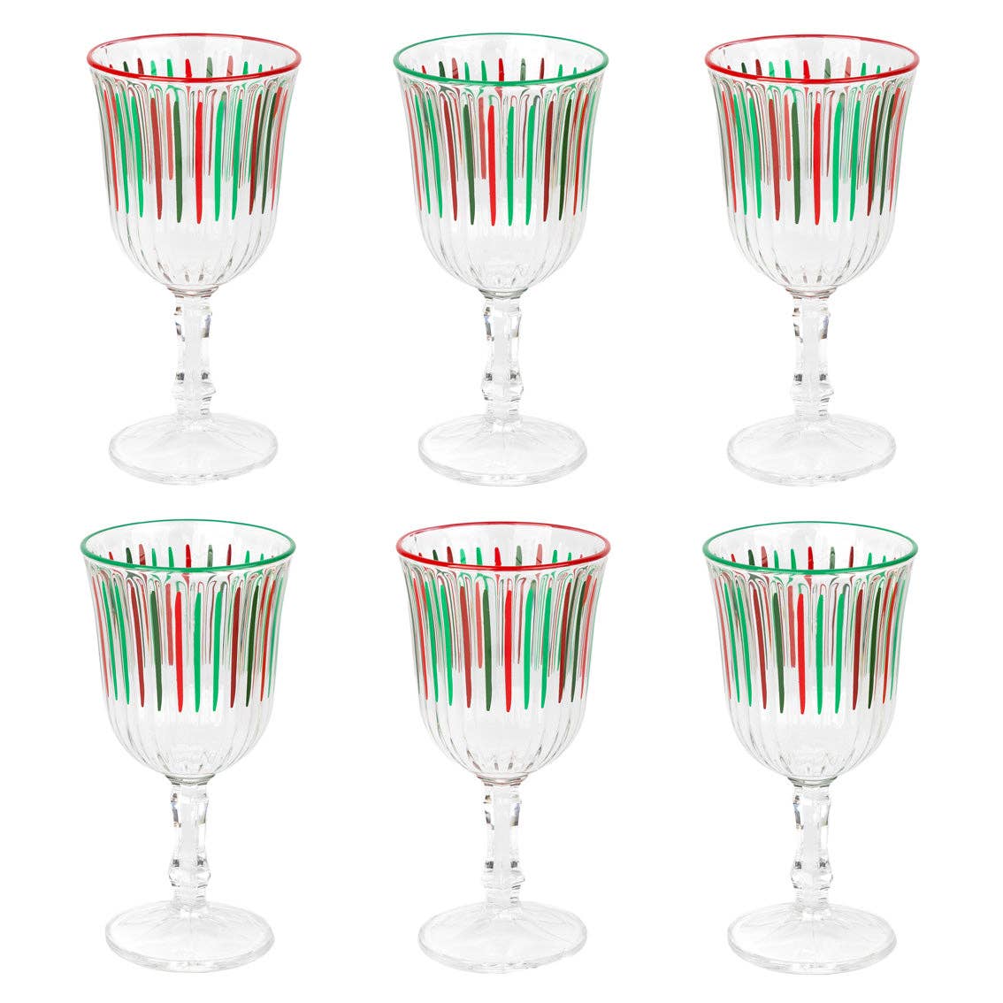 “Festive Fizz” – Set of 6 Red & Green Stripe Wine Glasses