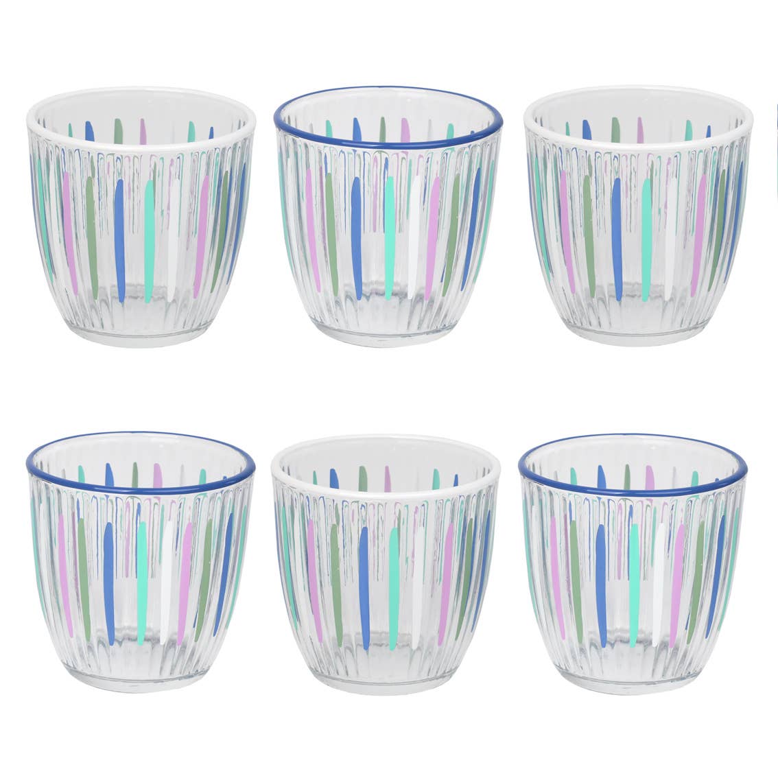 “Coastal Cool” – Set of 6 Blue & Multicolour Stripe Tumblers