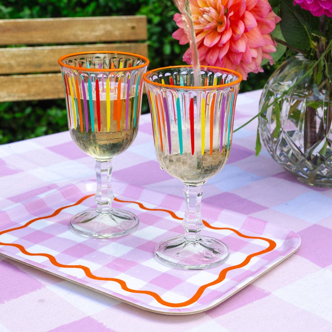 Sip Happens” – Set of 6 Rainbow Striped Wine Glasses