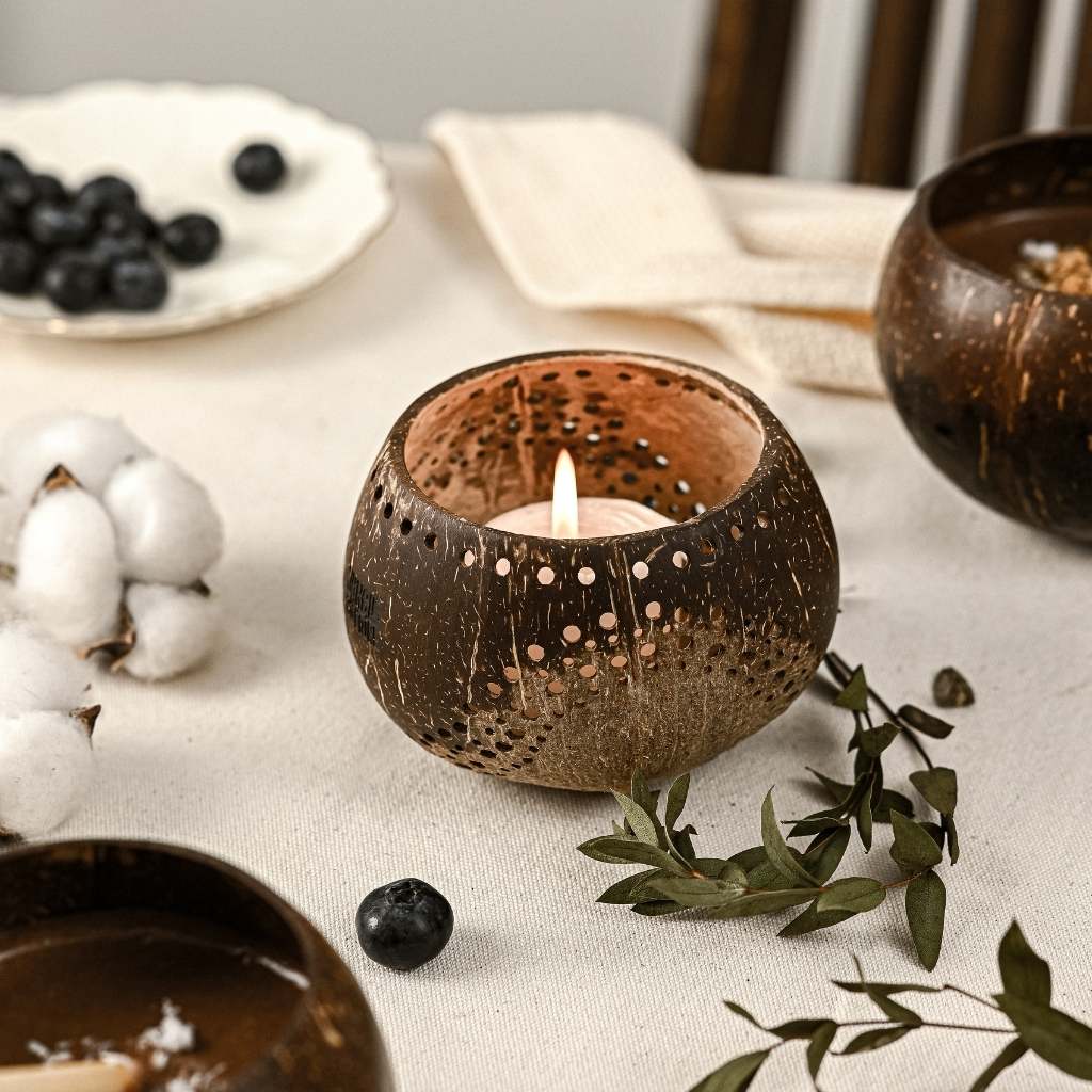 Coconut Shell Tea Light Holders – Set of 2 (Handmade)