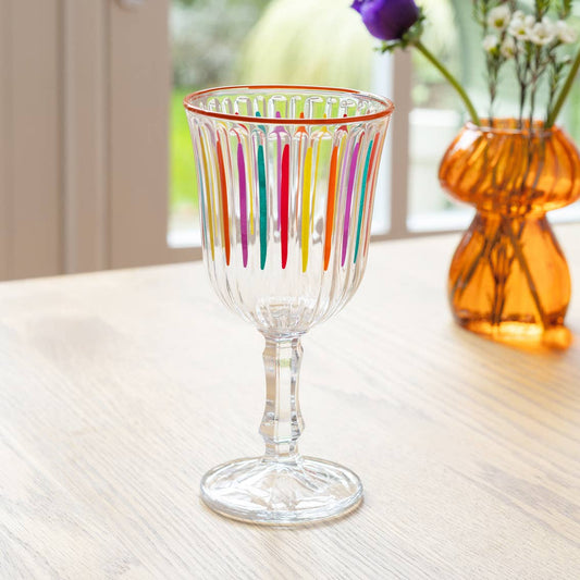 Sip Happens” – Set of 6 Rainbow Striped Wine Glasses