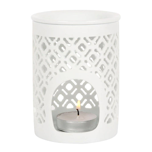 White Matte Lattice Cut Oil Burner and Wax Warmer