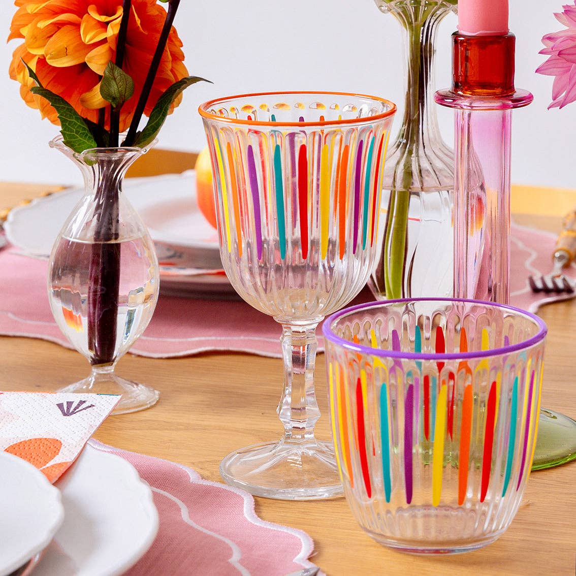 Sip Happens” – Set of 6 Rainbow Striped Wine Glasses