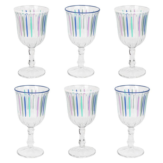 “Coastal Cheers” – Set of 6 Blue & Multicolour Stripe Wine Glasses