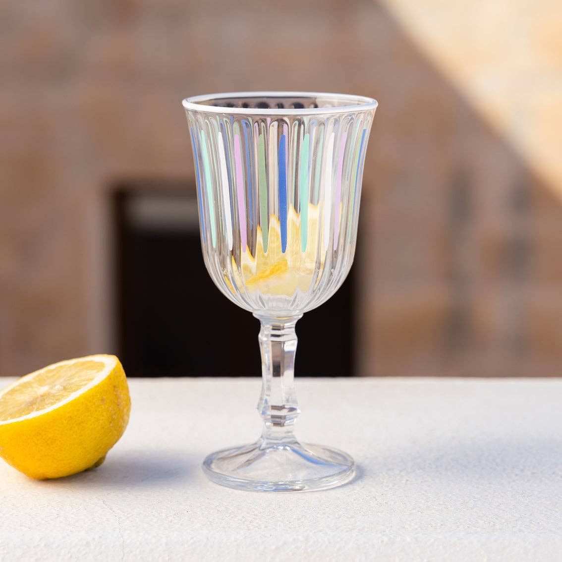 “Coastal Cheers” – Set of 6 Blue & Multicolour Stripe Wine Glasses