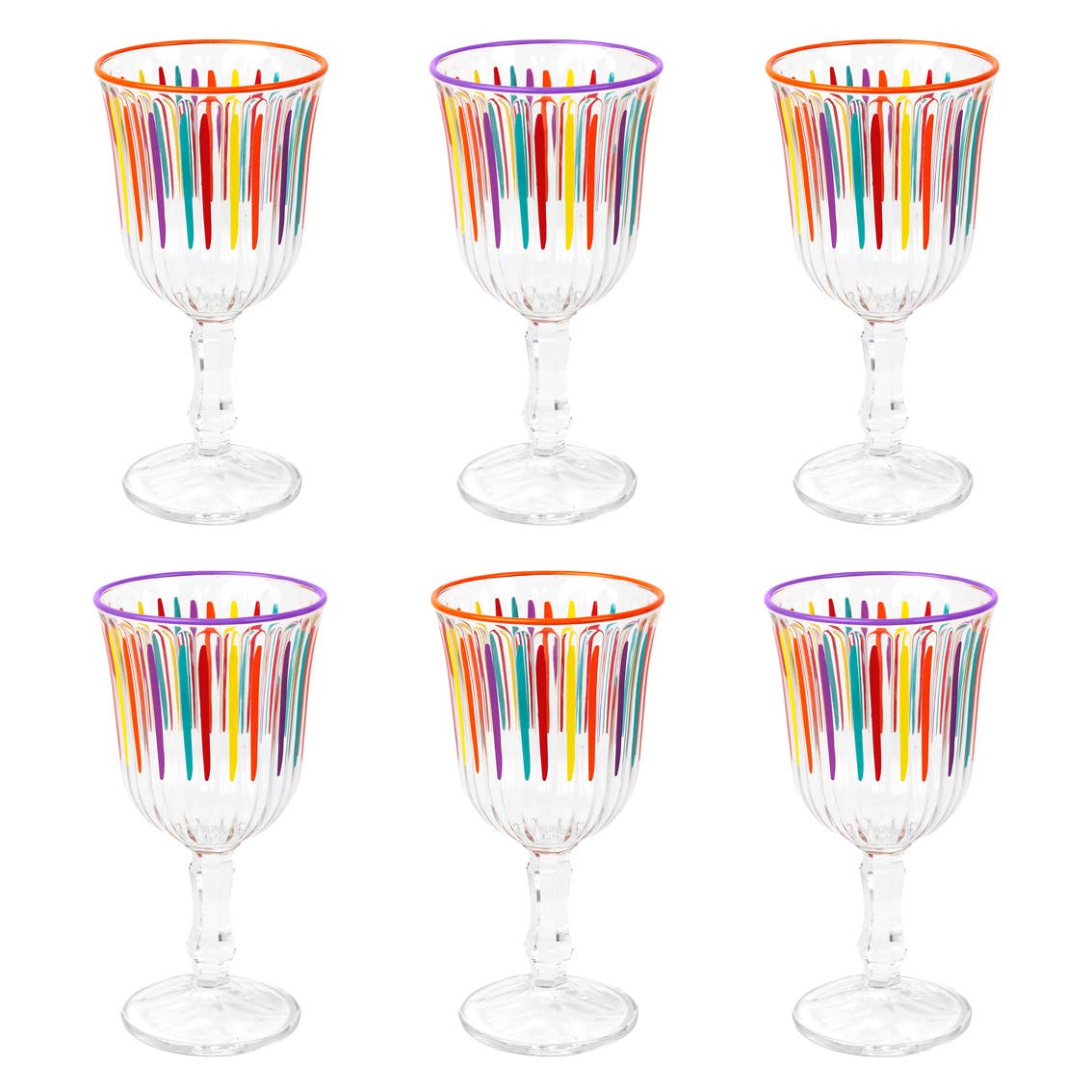 Sip Happens” – Set of 6 Rainbow Striped Wine Glasses