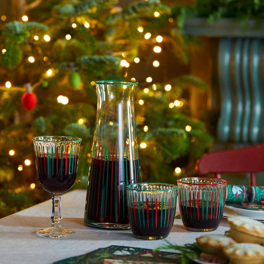 “Holiday Pour” – Red & Green Stripe Glass Carafe