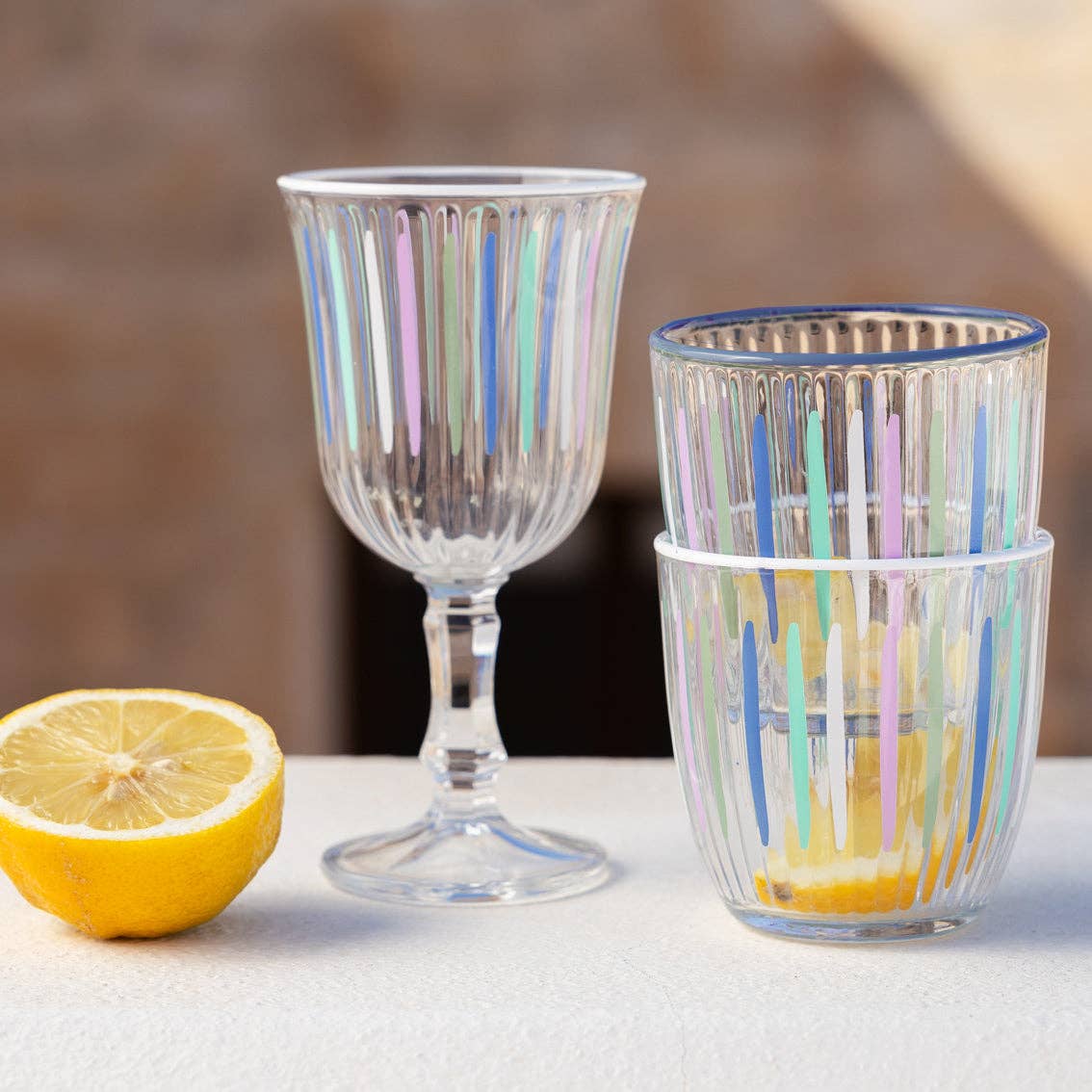 “Coastal Cool” – Set of 6 Blue & Multicolour Stripe Tumblers