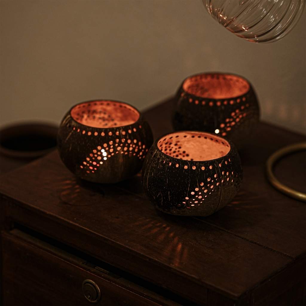 Coconut Shell Tea Light Holders – Set of 2 (Handmade)