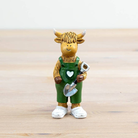 Highland Cow Holding Shovel, 12cm