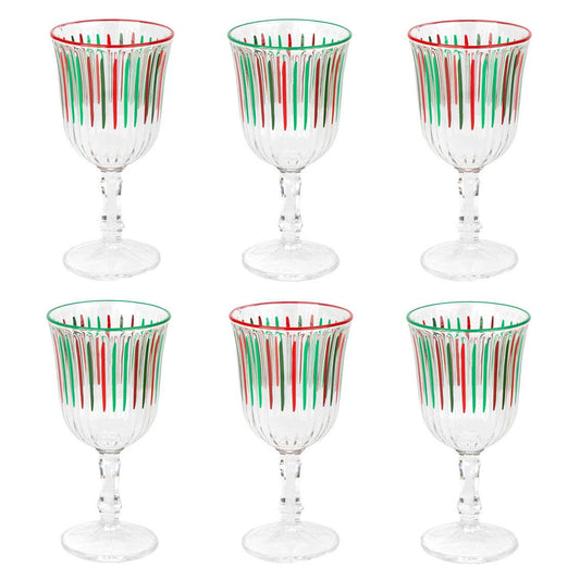 “Festive Fizz” – Set of 6 Red & Green Stripe Wine Glasses